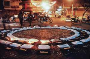 Installation at Tha Pae Gate, Chiang Mai as part of the second Week of Cooperative Suffering, Chiang Mai Social Installation, 1997. Artist(s) and title unknown. Courtesy Uthit Atimana and Gridthiya Gaweewong.